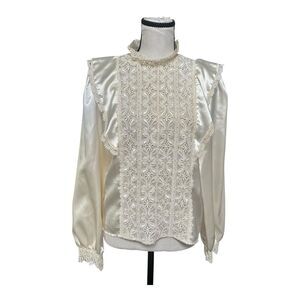 VTG Illustrations Satin Lace Victorian Shirtwaist Blouse Ivory Ruffle Med